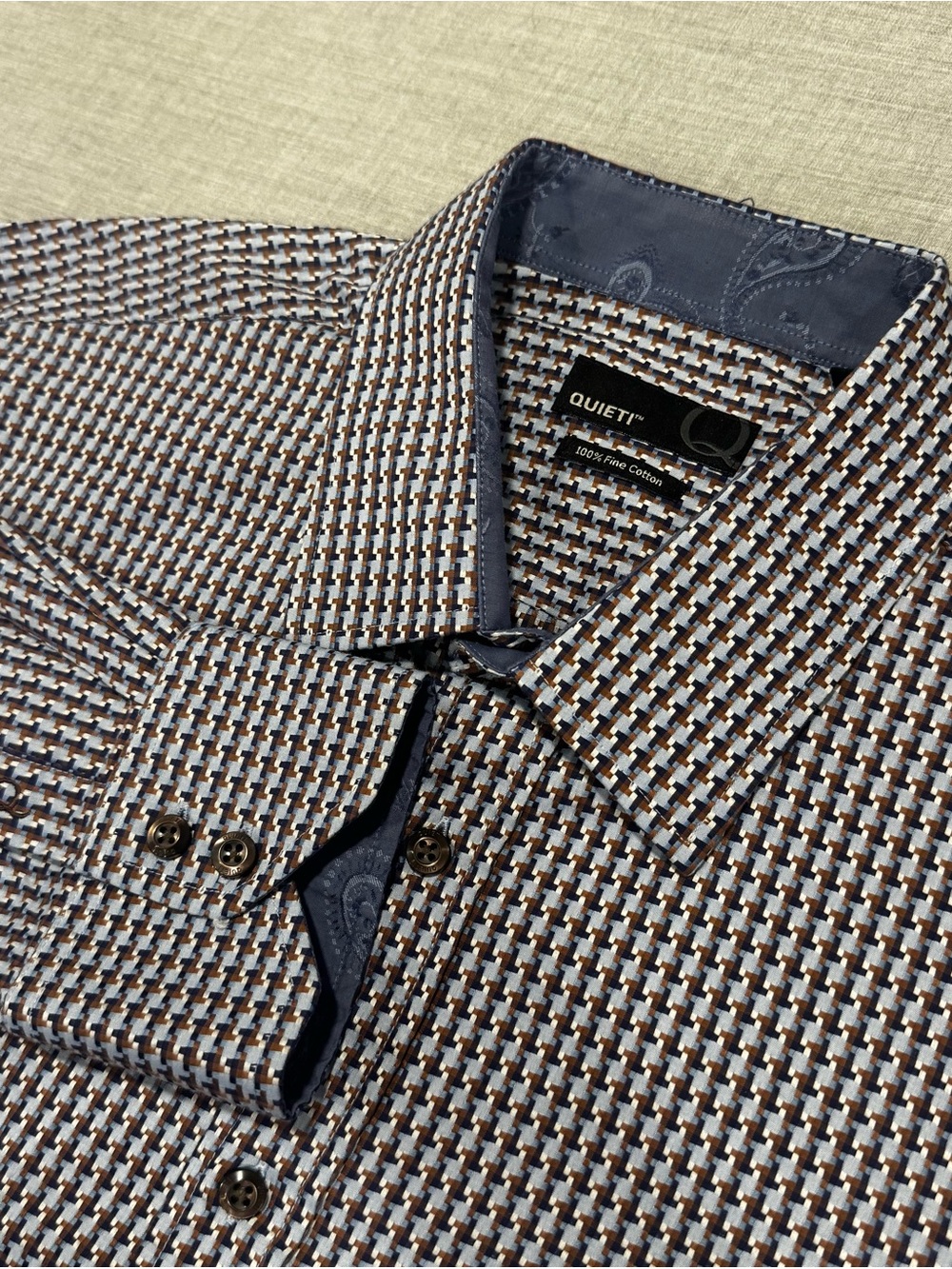Quieti Men’s XL Brown Blue Patterned Button Down Dress Shirt Long Sleeve Casual